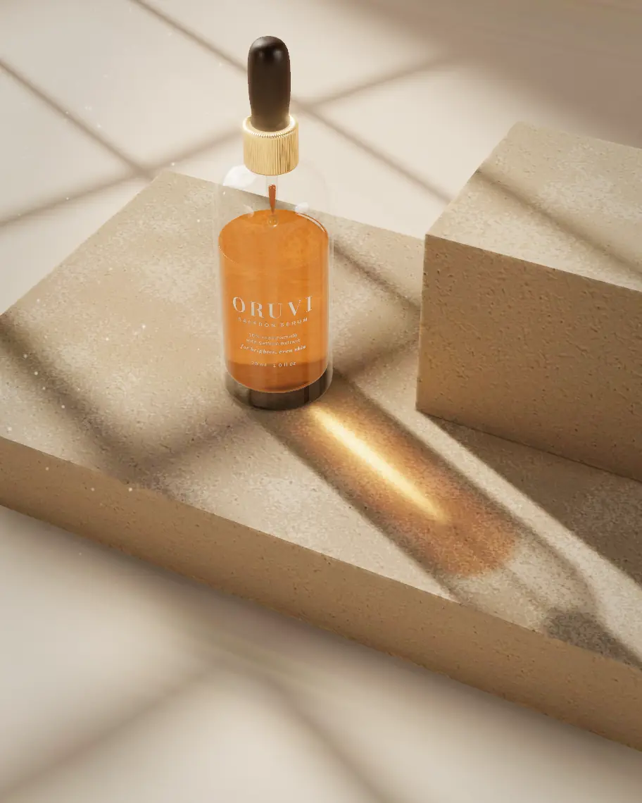 The bottle from above, its shadow and a line of golden light falling across the stone